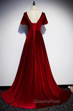 Dark Red Velvet Long Evening Prom Dress, Charming Evening Gown