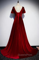 Dark Red Velvet Long Evening Prom Dress, Charming Evening Gown