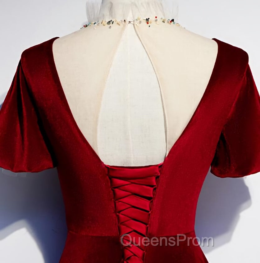 Dark Red Velvet Long Evening Prom Dress, Charming Evening Gown