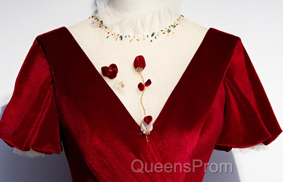 Dark Red Velvet Long Evening Prom Dress, Charming Evening Gown