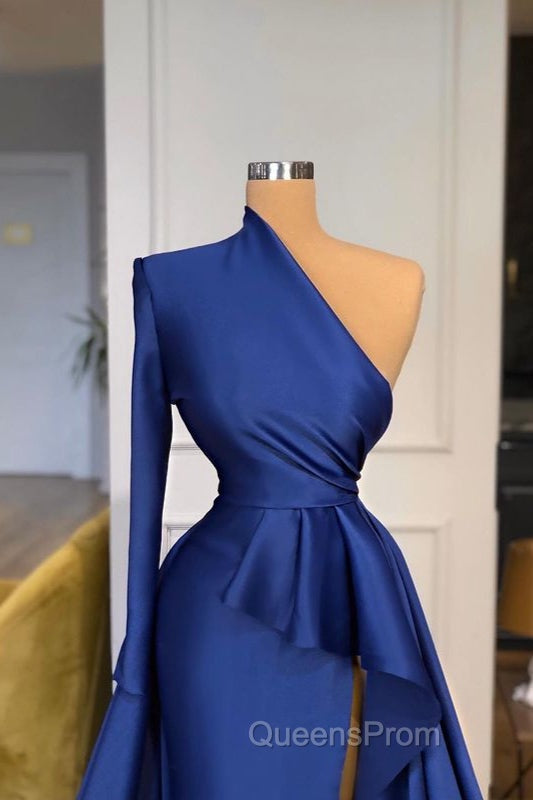 Dark Royal Blue One shoulder Ruffles Side-cut Overskirt Evening Prom Dress