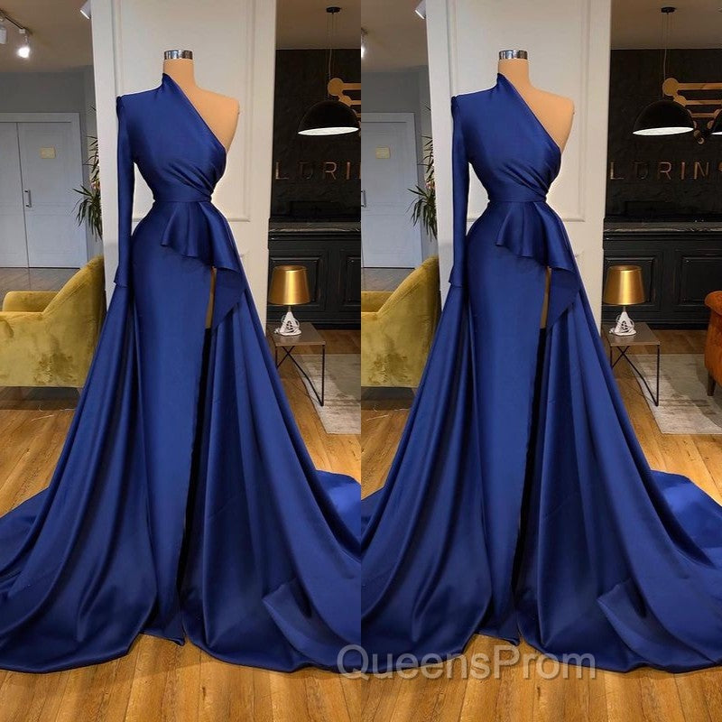 Dark Royal Blue One shoulder Ruffles Side-cut Overskirt Evening Prom Dress