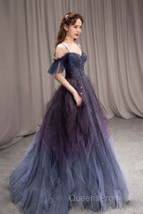 Dark Starry Sky Purple Tulle Long Evening Prom Dress Purple Evening Dress
