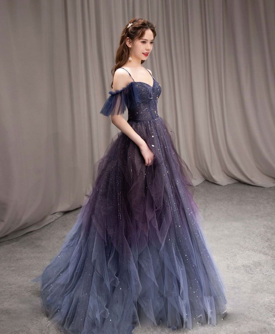 Dark Starry Sky Purple Tulle Long Classy Prom Dress Purple Classy Evening Dress