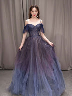 Dark Starry Sky Purple Tulle Long Classy Prom Dress Purple Classy Evening Dress
