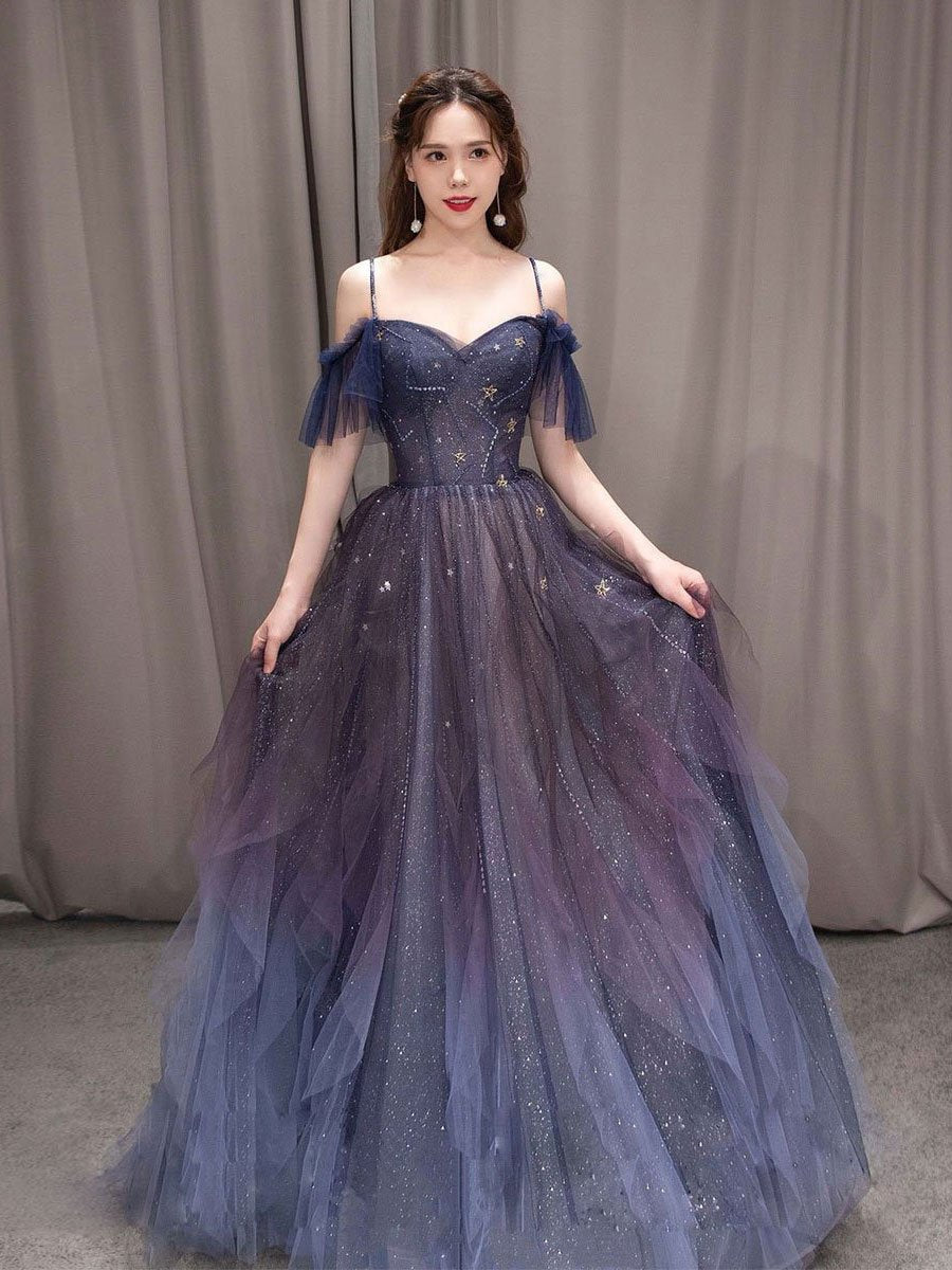 Dark Starry Sky Purple Tulle Long Classy Prom Dress Purple Classy Evening Dress