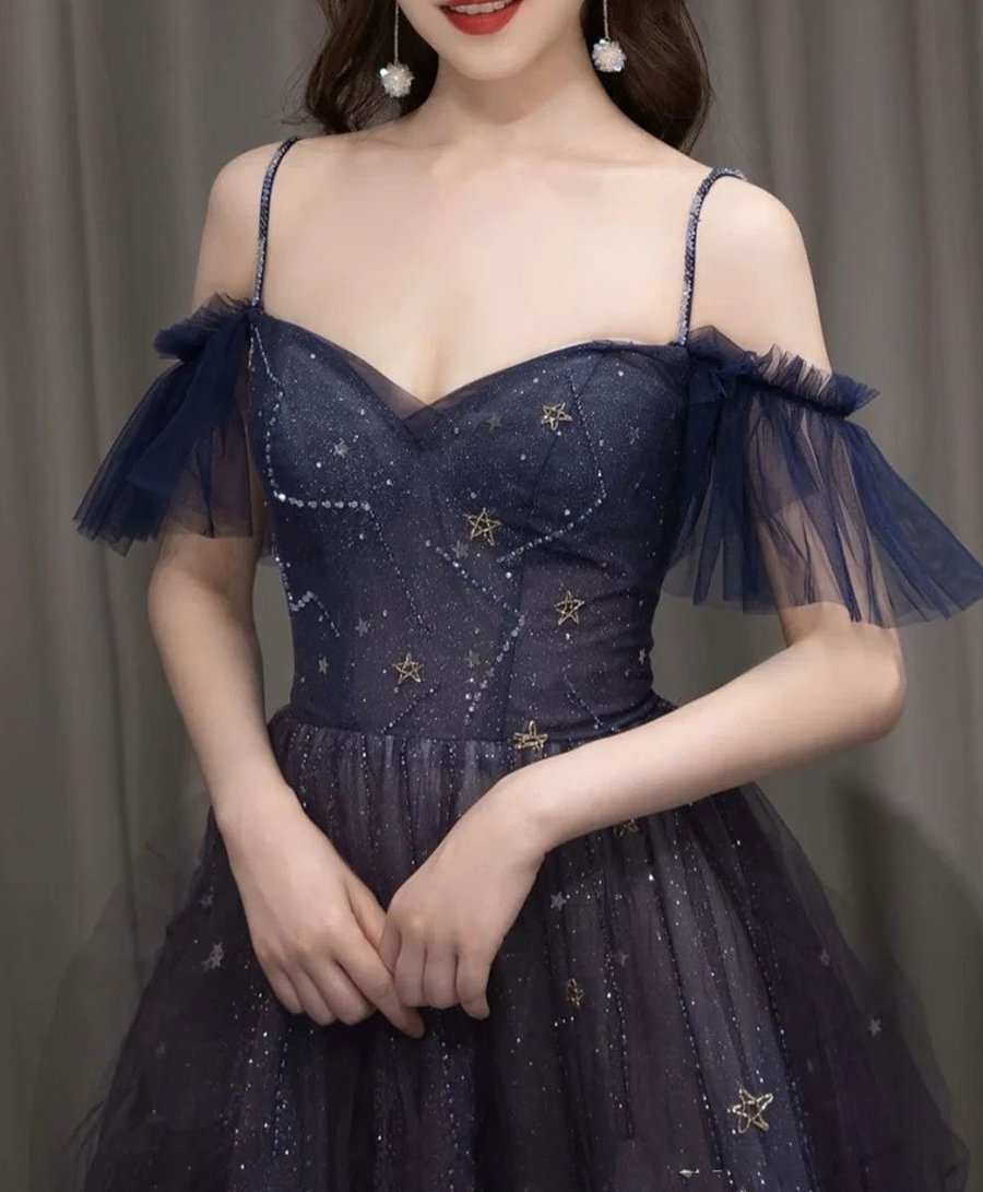 Dark Starry Sky Purple Tulle Long Classy Prom Dress Purple Classy Evening Dress