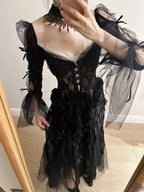 Dark Vintage Black Long Sleeve High-Slit Lace Tulle Classy Prom Dress