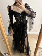Dark Vintage Black Long Sleeve High-Slit Lace Tulle Classy Prom Dress