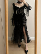 Dark Vintage Black Long Sleeve High-Slit Lace Tulle Classy Prom Dress