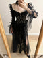Dark Vintage Black Long Sleeve High-Slit Lace Tulle Classy Prom Dress