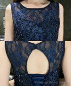 Dark Blue Lace Beading Short Prom Dress Dark Blue Evening Dress