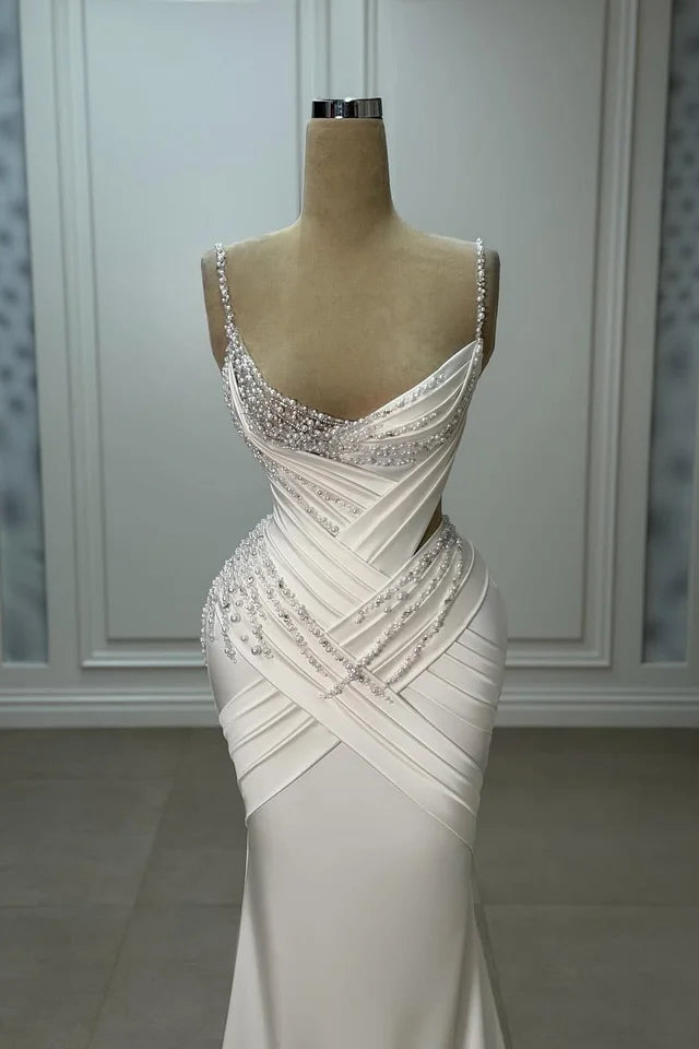 Dazzling Spaghetti-Straps Sleeveless V-Neck Satin Prom Dress Mermaid Sheath With Pearls Secondary image