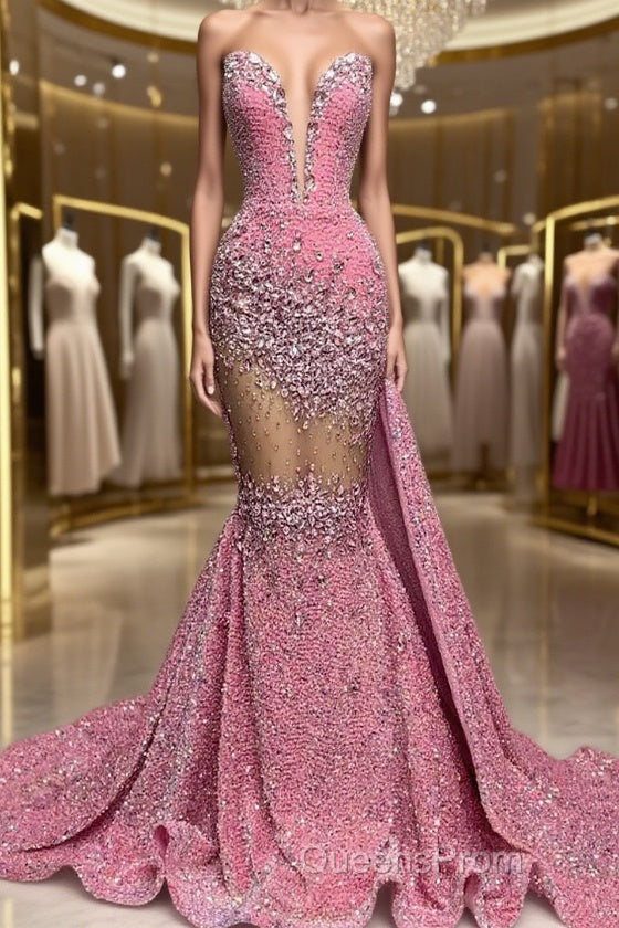 V-Neck Sequins Evening Prom Dress Mermaid Sleeveless Crystal. Main image