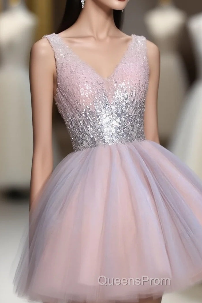 Cute Pink V Neck Tulle Seqsuins Short Evening Prom Dress, Cocktail Dress Main image