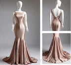 Deep Champagne Mermaid Simple Satin Long Evening Prom Dress Backless Evening Gown
