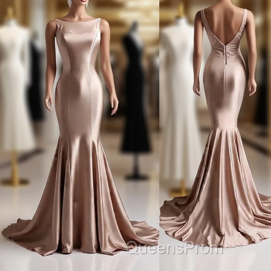 Deep Champagne Mermaid Simple Satin Long Evening Prom Dress Backless Evening Gown Main image