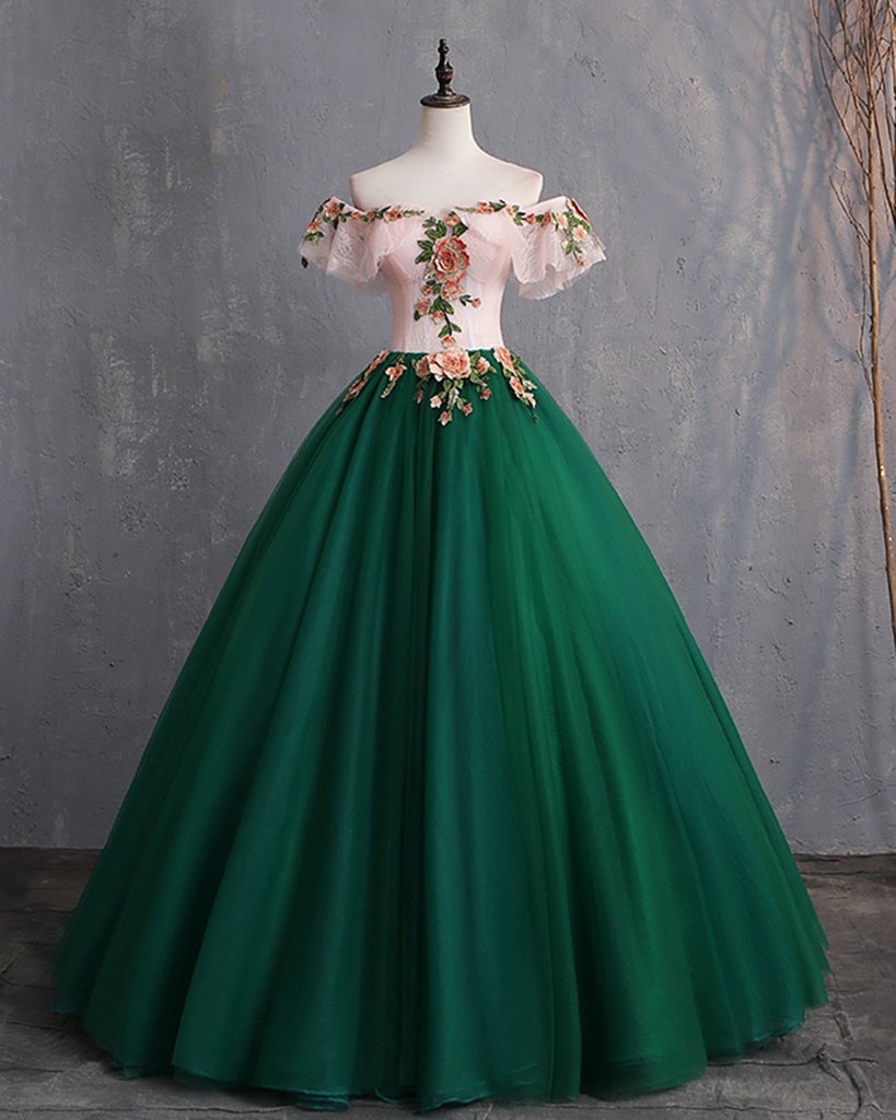 Deep Green Tulle Off Shoulder Long Customize Classy Prom Dress, Classy Evening Dress With Sleeve Secondary image