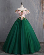 Deep Green Tulle Off Shoulder Long Customize Classy Prom Dress, Classy Evening Dress With Sleeve