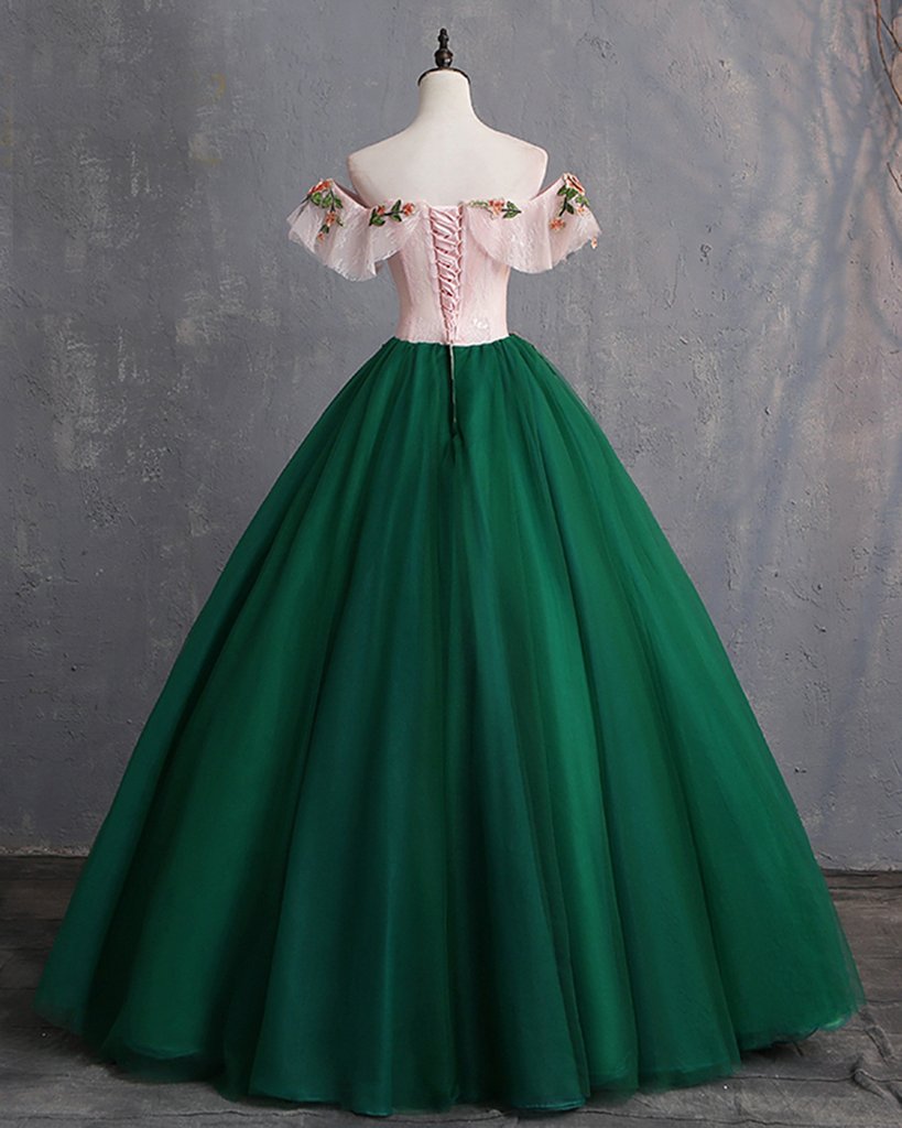 Deep Green Tulle Off Shoulder Long Customize Classy Prom Dress, Classy Evening Dress With Sleeve