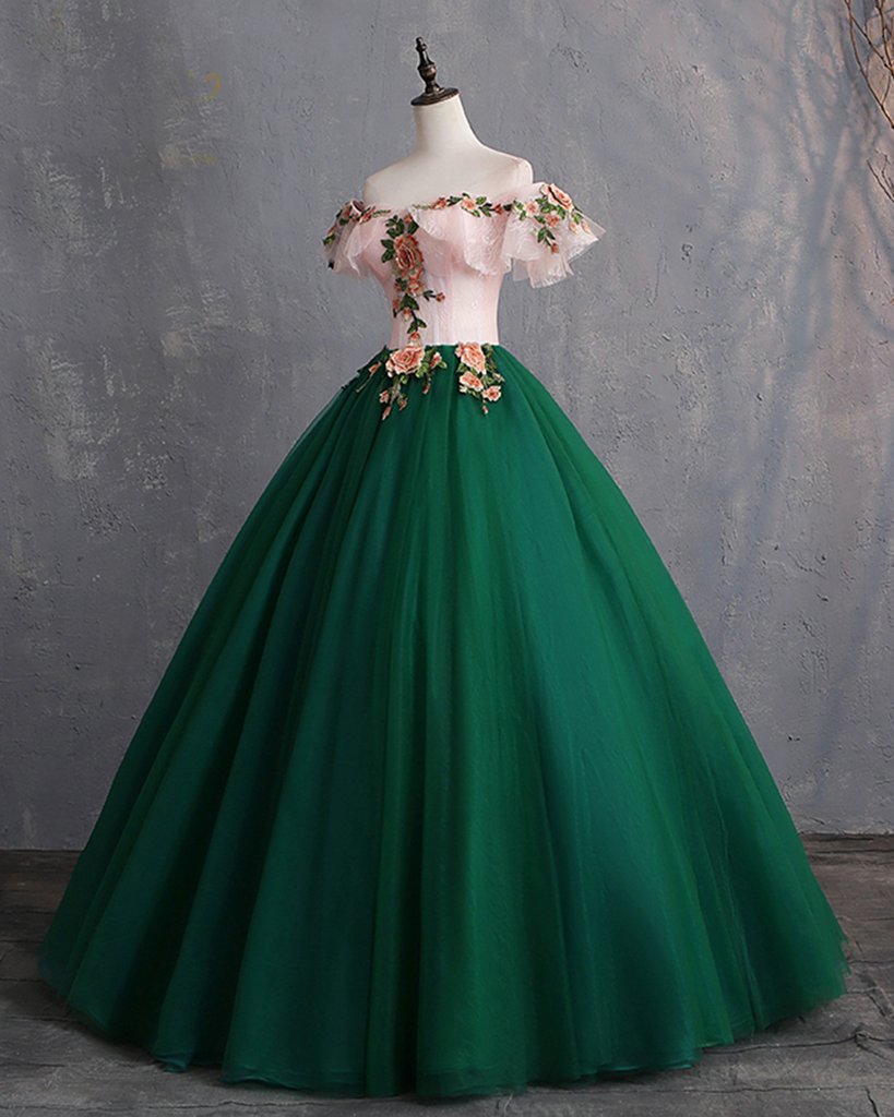 Deep Green Tulle Off Shoulder Long Customize Classy Prom Dress, Classy Evening Dress With Sleeve
