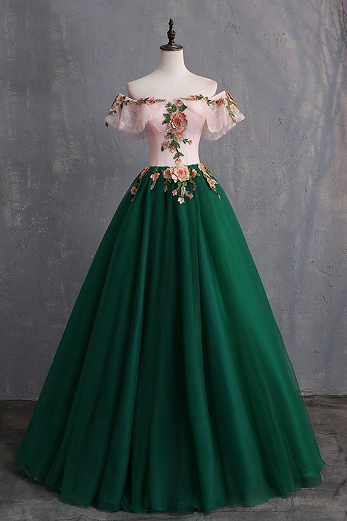 Deep Green Tulle Off Shoulder Long Customize Classy Prom Dress, Classy Evening Dress With Sleeve Main image