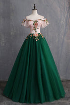 Deep Green Tulle Off Shoulder Long Customize Classy Prom Dress, Classy Evening Dress With Sleeve