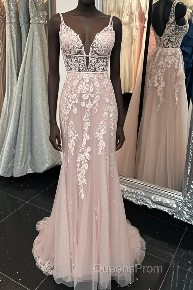 Deep V Neck Backless Pink Lace Long Evening Prom Dress, Long Pink Lace Formal Graduation Evening Dress Main image