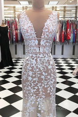 Deep V Neck Champagne Lace Evening Prom Dress, V Neck Champagne Lace Wedding Dress Formal Evening Dress