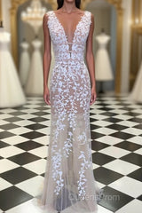 Deep V Neck Champagne Lace Evening Prom Dress, V Neck Champagne Lace Wedding Dress Formal Evening Dress