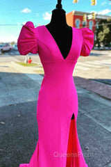 Deep V-Neck Hot Pink Mermaid Long Evening Prom Dress With Balloon Sleeves