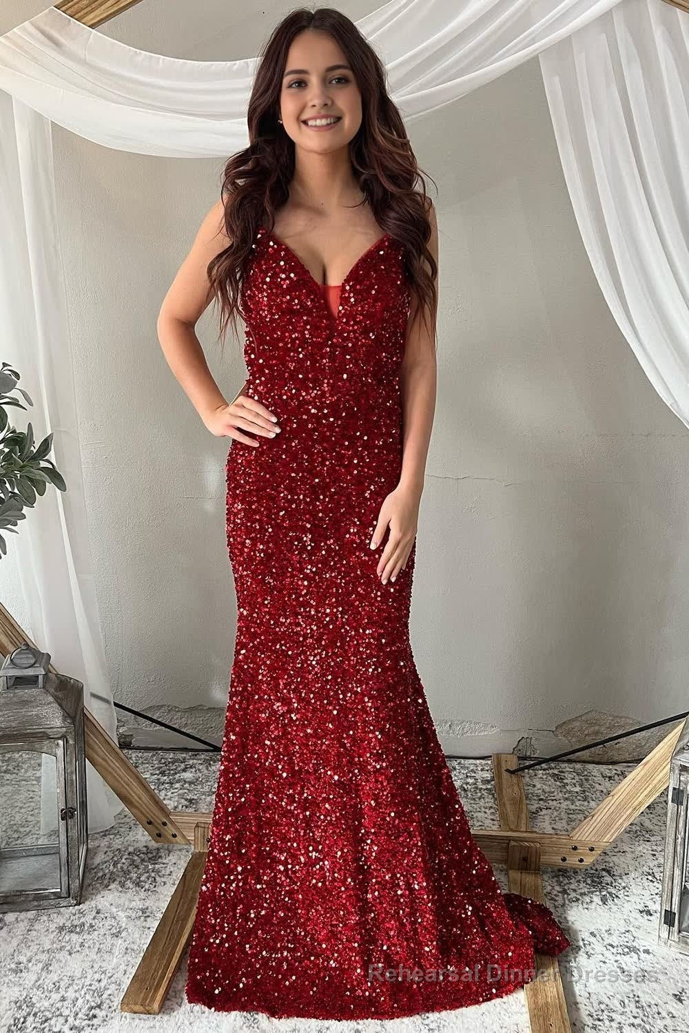 Deep V Neck Mermaid Sparkly Burgundy Sequins Long Prom Dress Main image