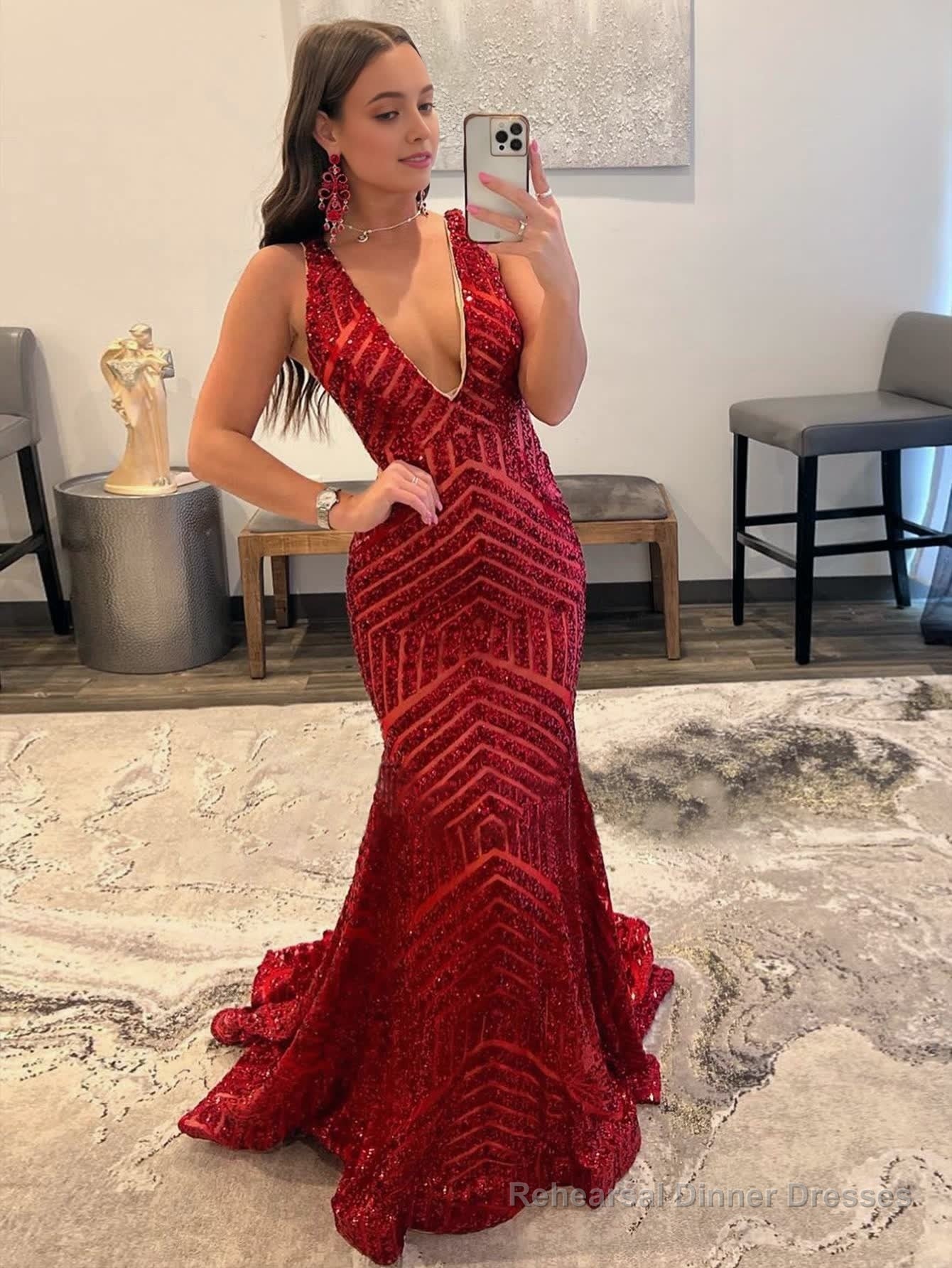 Deep V Neck Pink Sequins Mermaid Long Prom Dress