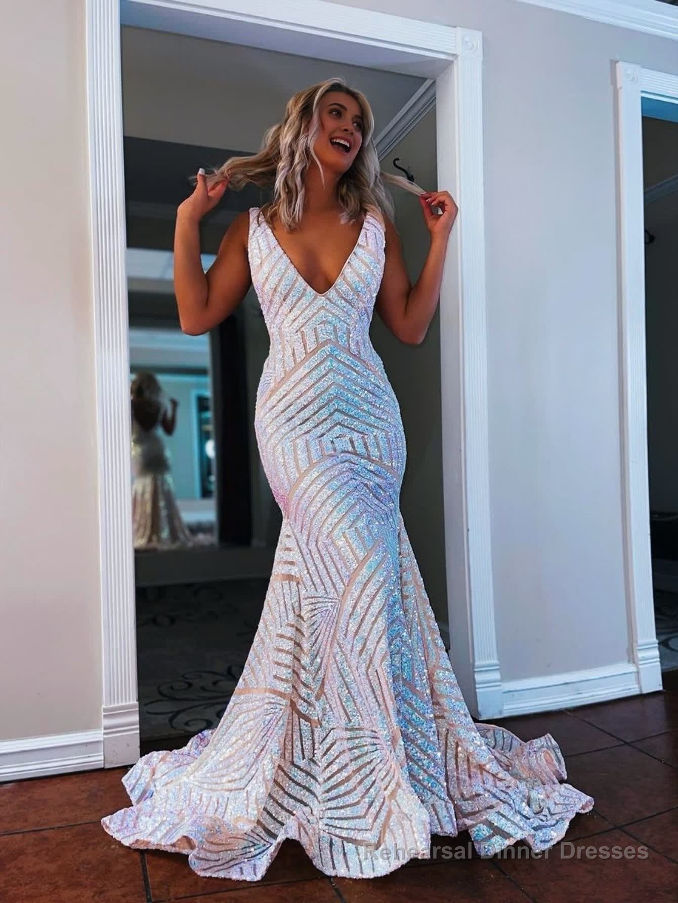 Deep V Neck Pink Sequins Mermaid Long Prom Dress