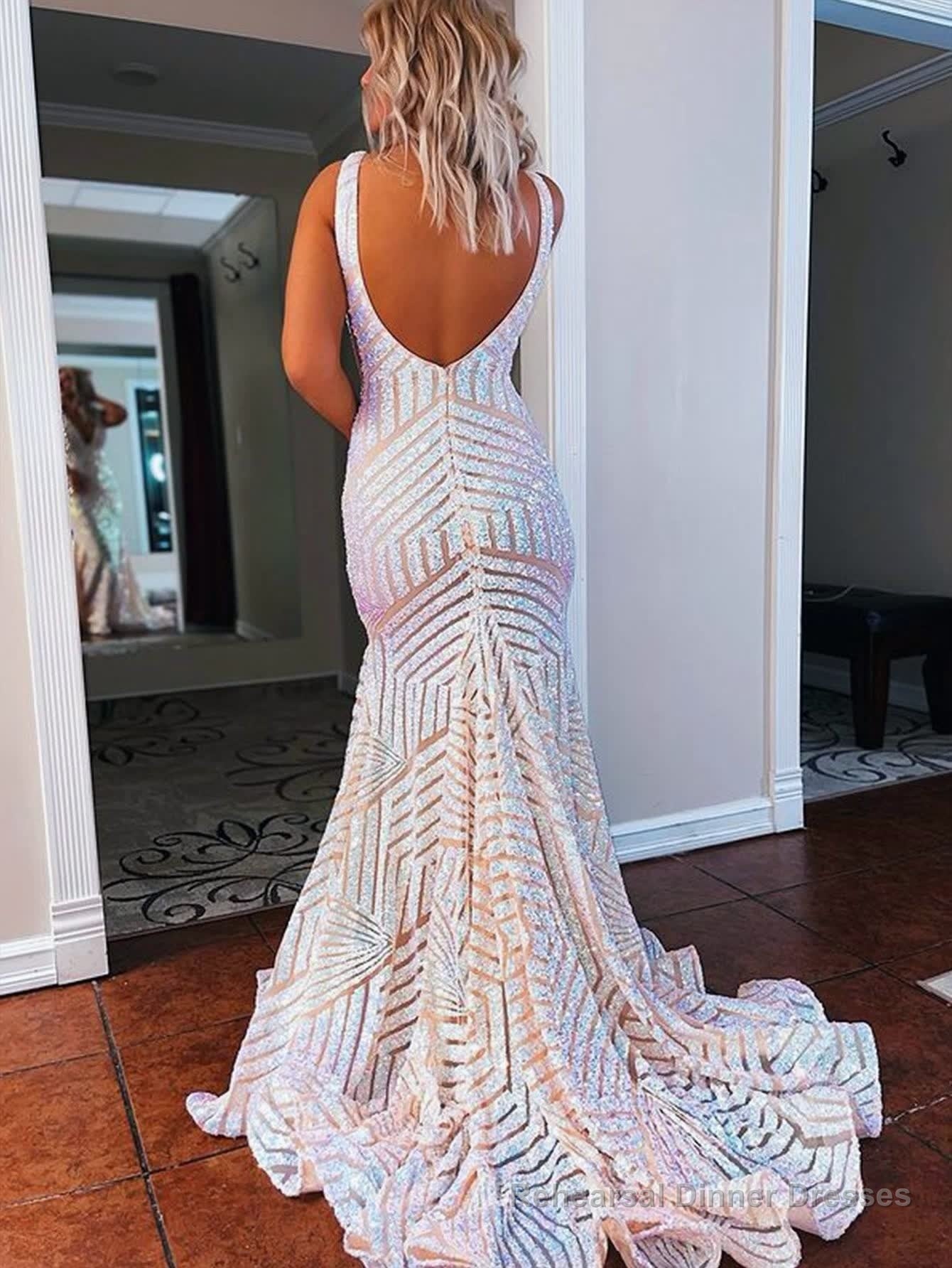 Deep V Neck Pink Sequins Mermaid Long Prom Dress