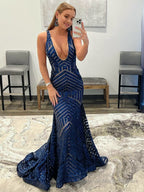 Deep V Neck Pink Sequins Mermaid Long Prom Dress