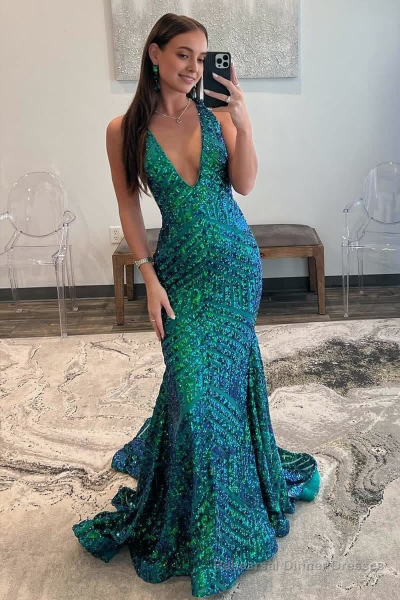 Deep V Neck Pink Sequins Mermaid Long Prom Dress Main image