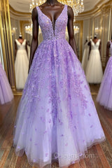 Deep V Neck Purple Lace Long Evening Prom Dress, Purple Lace Formal Dress, Purple Evening Dress