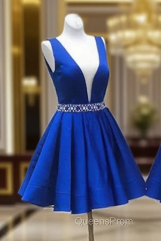 Deep V Neck Royal Blue Short Satin Evening Prom Dress, Royal Blue V Neck Short Evening Homecoming Dress