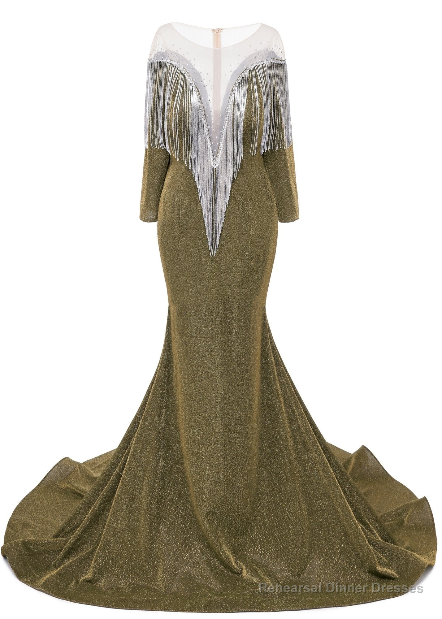 Deep V-neck Shiny Khaki Prom Dresses Long sleeves Mermaid Evening Party Dresses Main image