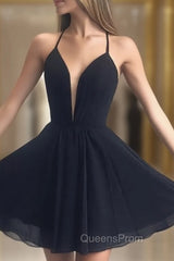 Deep V Neck Short Yellow Black Evening Prom Dress, Short Backless Evening Homecoming Dress