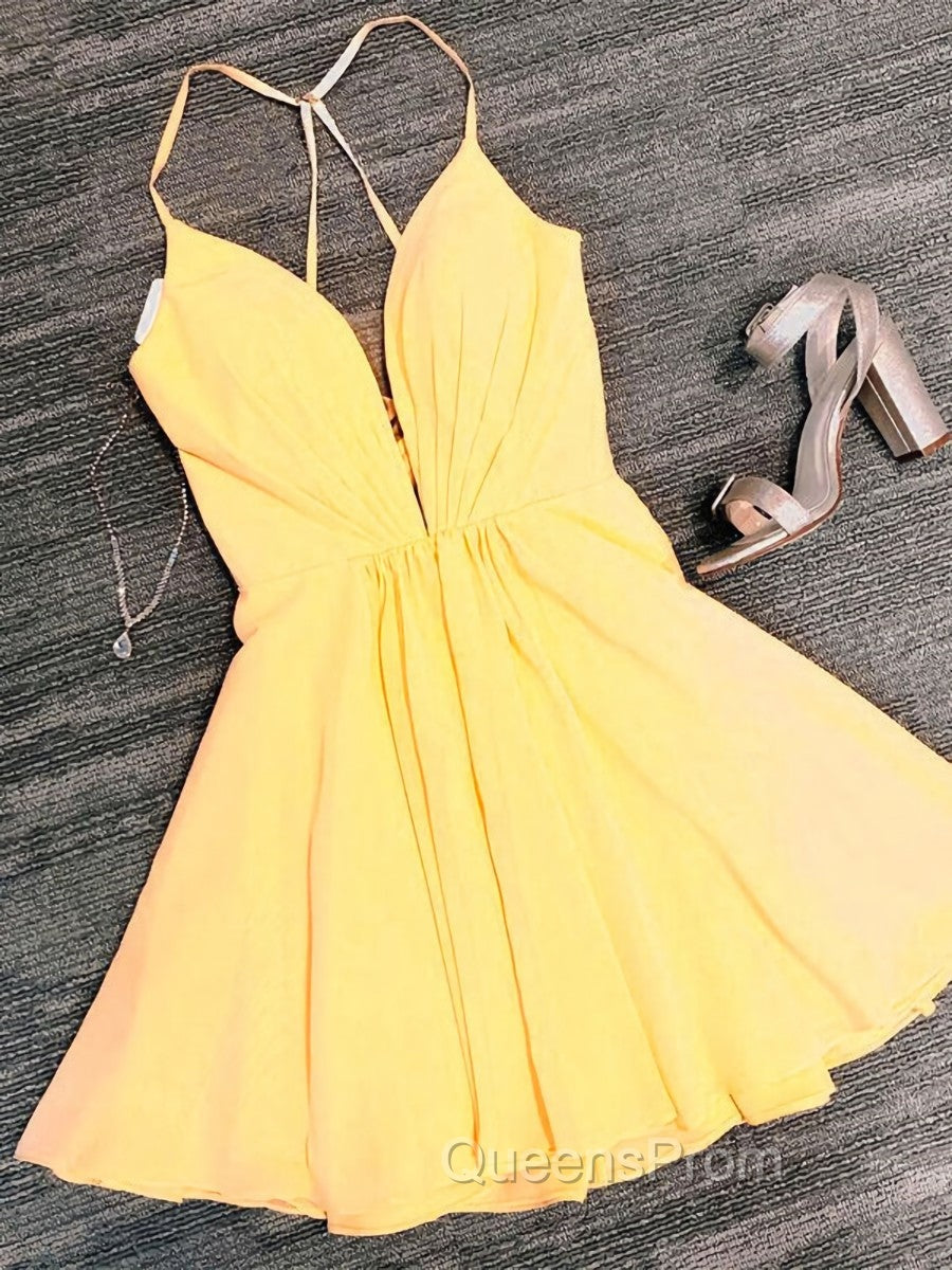 Deep V Neck Short Yellow Black Evening Prom Dress, Short Backless Evening Homecoming Dress Main image
