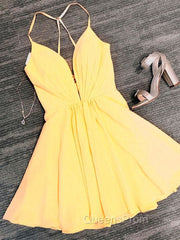 Deep V Neck Short Yellow Black Evening Prom Dress, Short Backless Evening Homecoming Dress