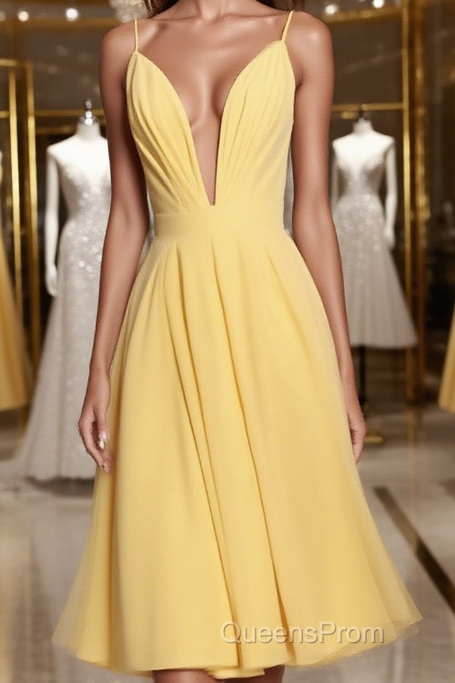 Deep V Neck Short Yellow Evening Prom Dress, Short Backless Formal Homecoming Dress Main image