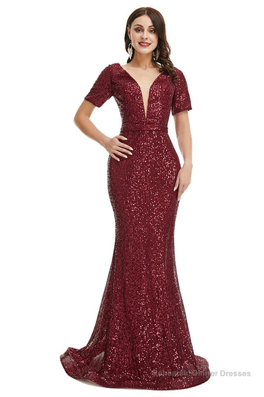 Deep V Neck sleeveless Sparkly Sequin Fishtail Prom Dresses