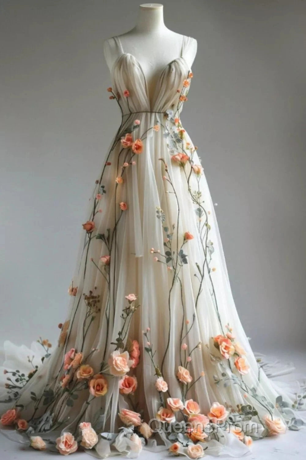 Deep V Neck Wedding Dress 3D Flowers Appliques Tulle A-Line Evening Prom Gowns Secondary image