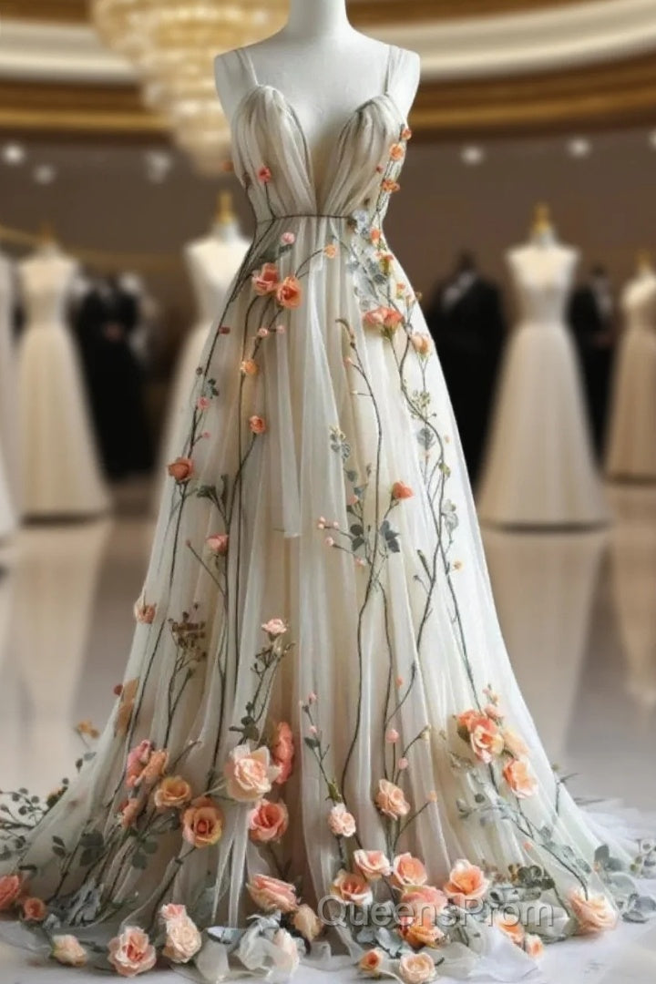 Deep V Neck Wedding Dress 3D Flowers Appliques Tulle A-Line Evening Prom Gowns Main image