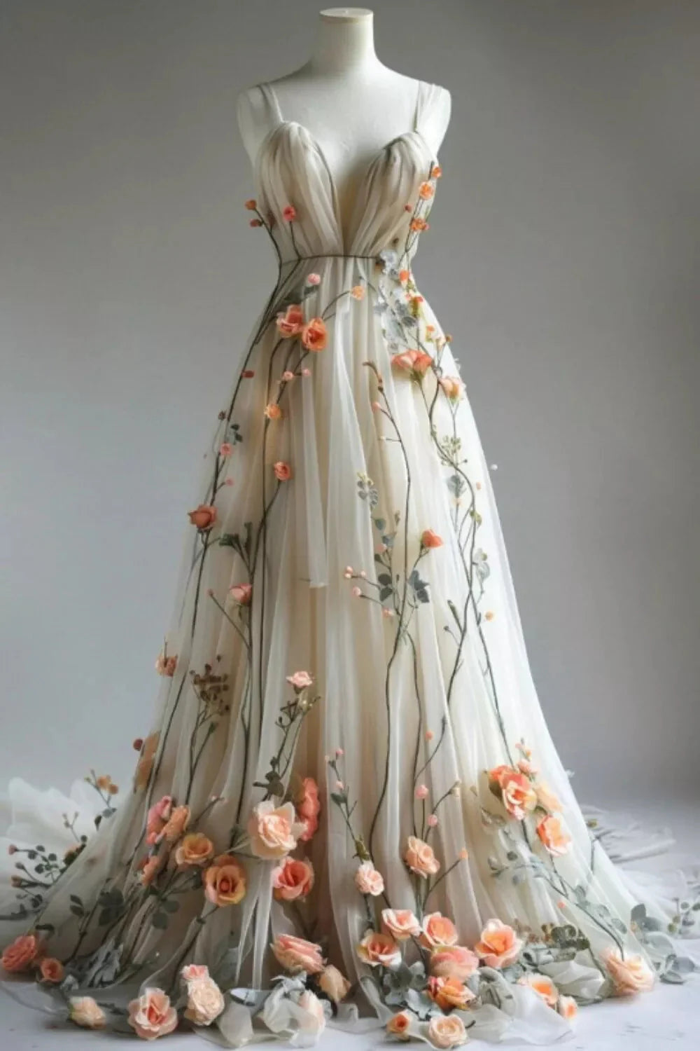 Deep V Neck Wedding Dress 3D Flowers Appliques Tulle A-Line Classy Prom Gowns Main image