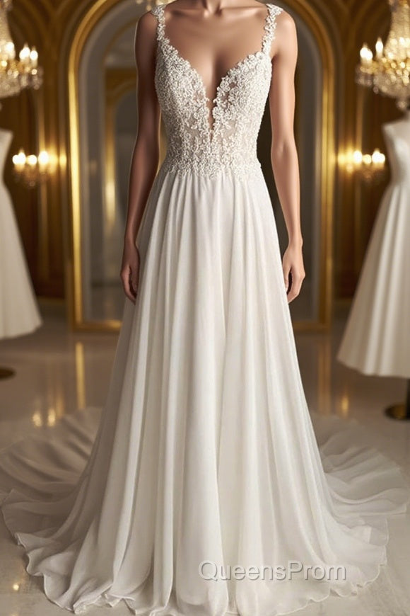 Deep V Neck White Lace Long Evening Prom Dress, Long White Formal Dress, White Lace Evening Dress, White Bridesmaid Dress Main image