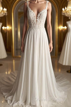Deep V Neck White Lace Long Evening Prom Dress, Long White Formal Dress, White Lace Evening Dress, White Bridesmaid Dress
